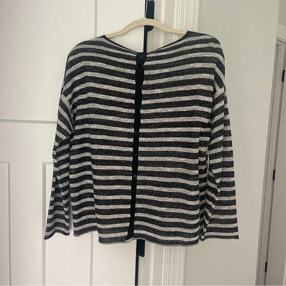 Eileen Fisher Terry Linen Blend Striped Button Back Oversized Pullover - Picture 6 of 7